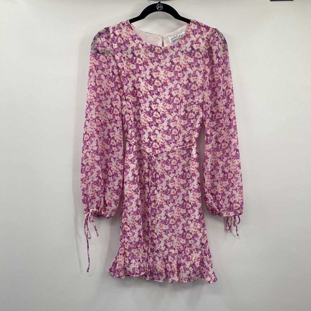 Petal + Pup Paige Floral Mini Dress Long Balloon Sleeve Flounce Hem Belted 6 - Picture 2 of 10